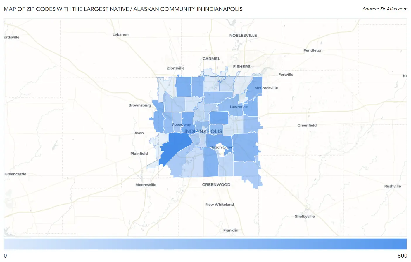 Zip Codes with the Largest Native / Alaskan Community in Indianapolis Map