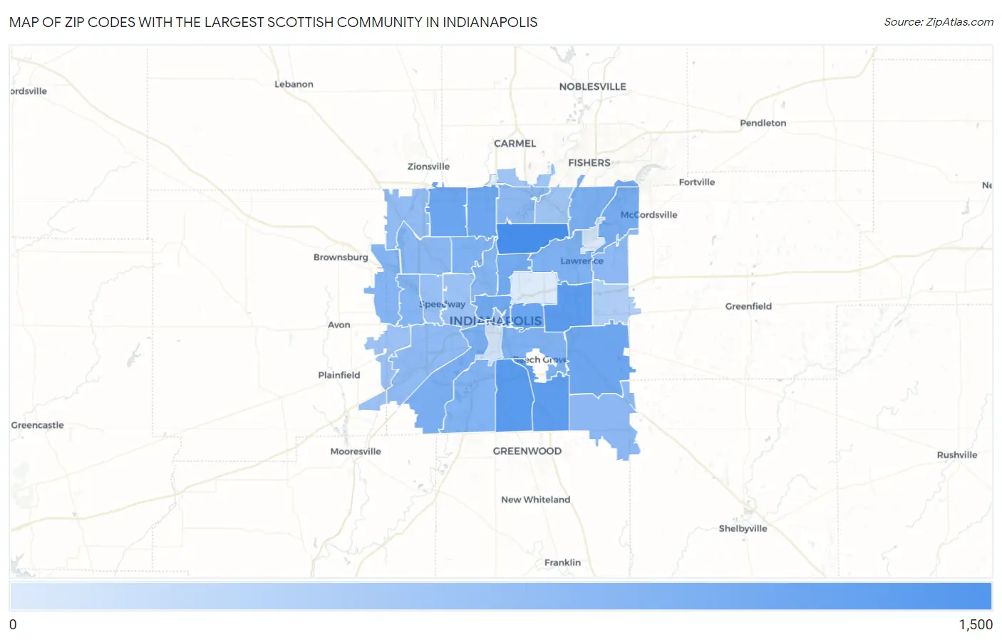 Zip Codes with the Largest Scottish Community in Indianapolis Map