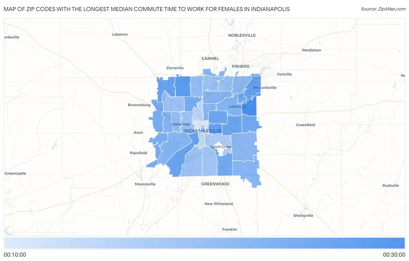 Zip Codes with the Longest Median Commute Time to Work for Females in Indianapolis Map