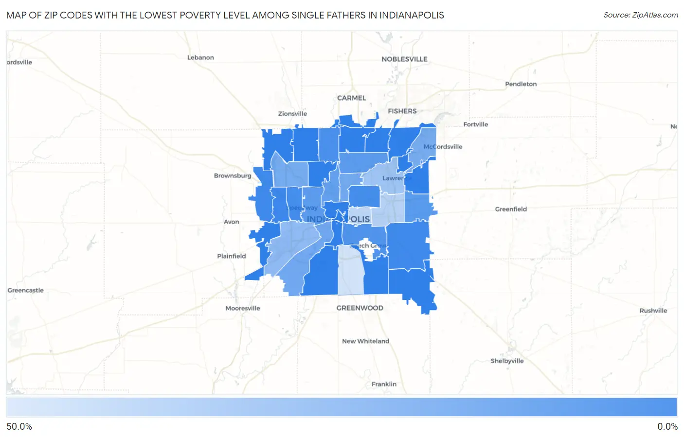 Zip Codes with the Lowest Poverty Level Among Single Fathers in Indianapolis Map