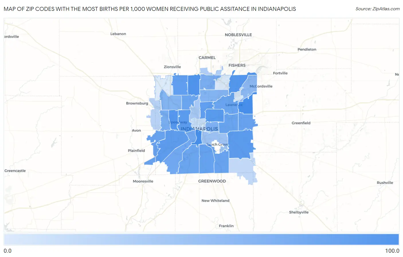 Zip Codes with the Most Births per 1,000 Women Receiving Public Assitance in Indianapolis Map