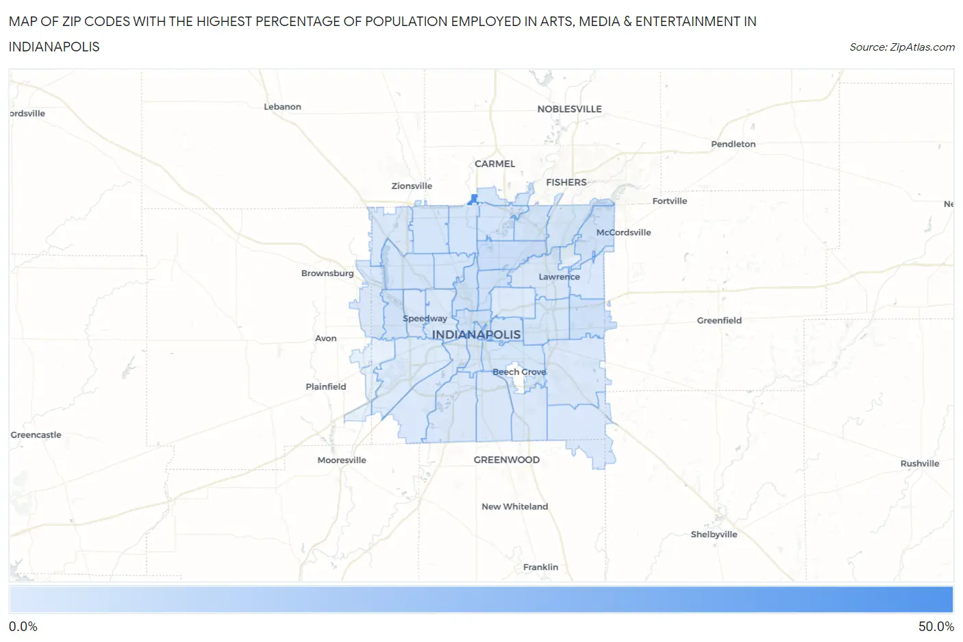 Zip Codes with the Highest Percentage of Population Employed in Arts, Media & Entertainment in Indianapolis Map
