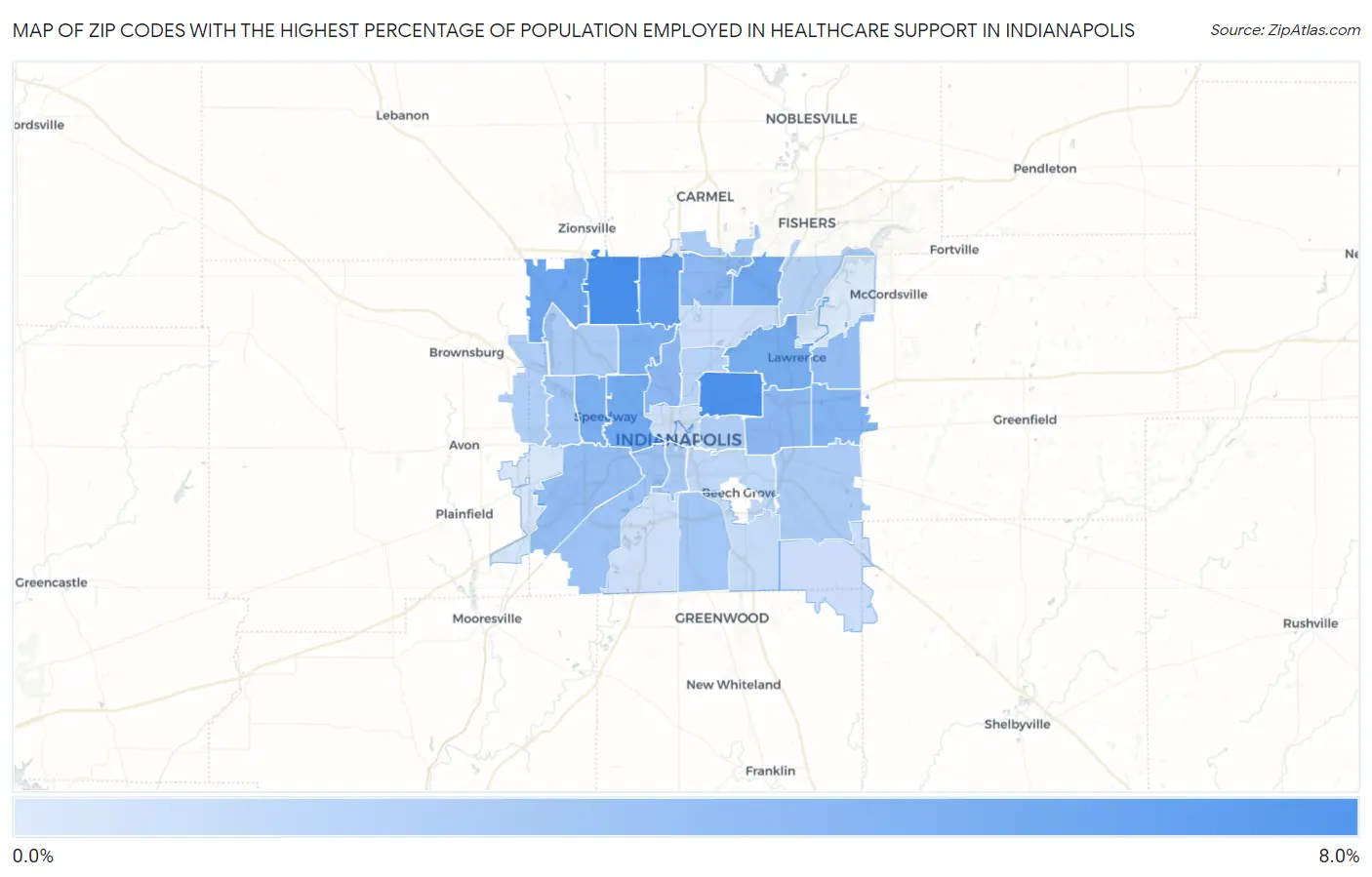 Zip Codes with the Highest Percentage of Population Employed in Healthcare Support in Indianapolis Map