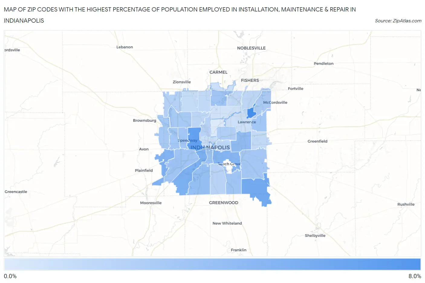 Zip Codes with the Highest Percentage of Population Employed in Installation, Maintenance & Repair in Indianapolis Map