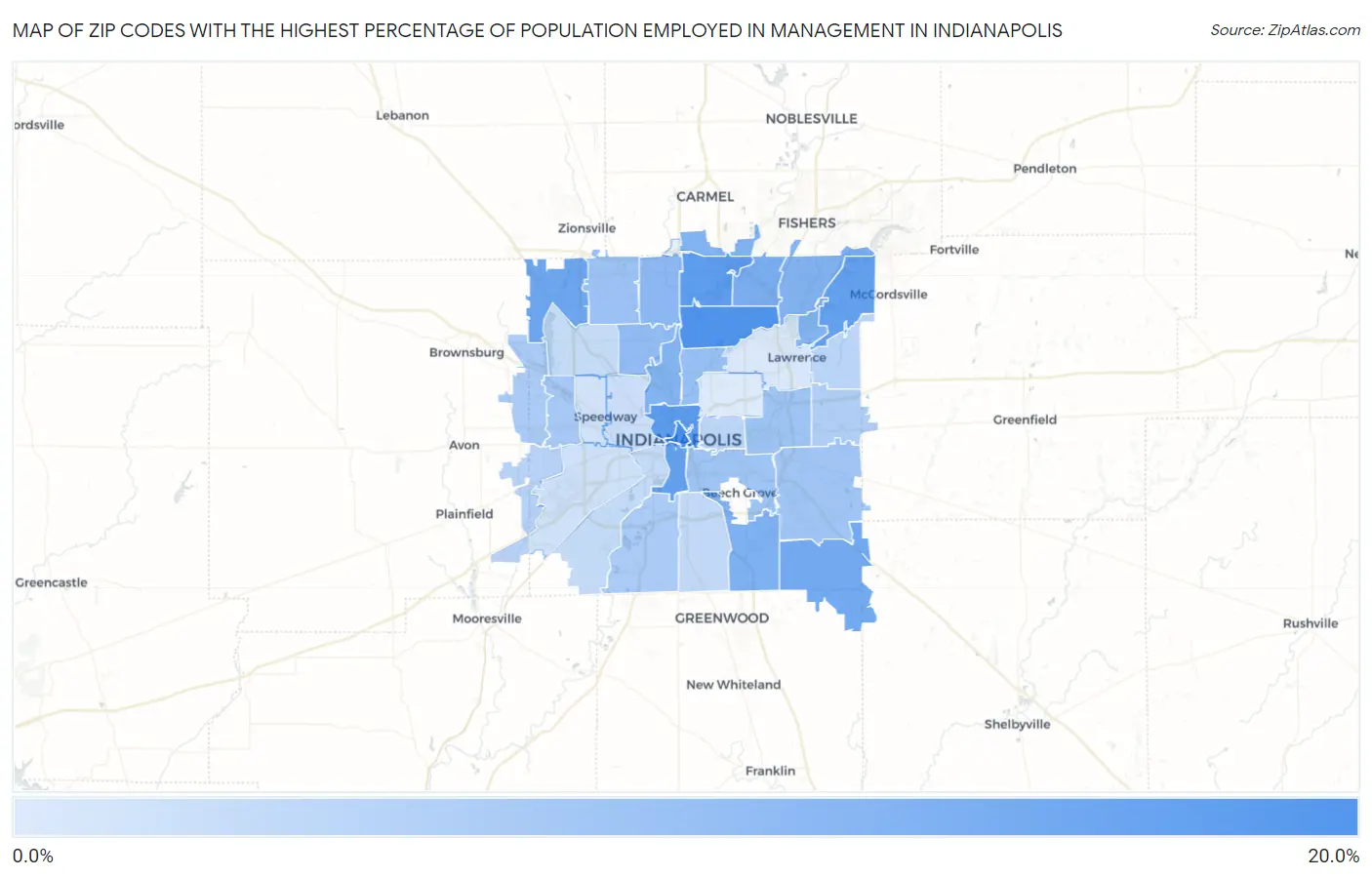 Zip Codes with the Highest Percentage of Population Employed in Management in Indianapolis Map