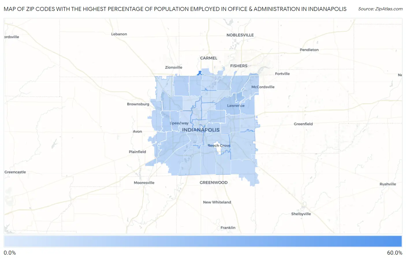 Zip Codes with the Highest Percentage of Population Employed in Office & Administration in Indianapolis Map