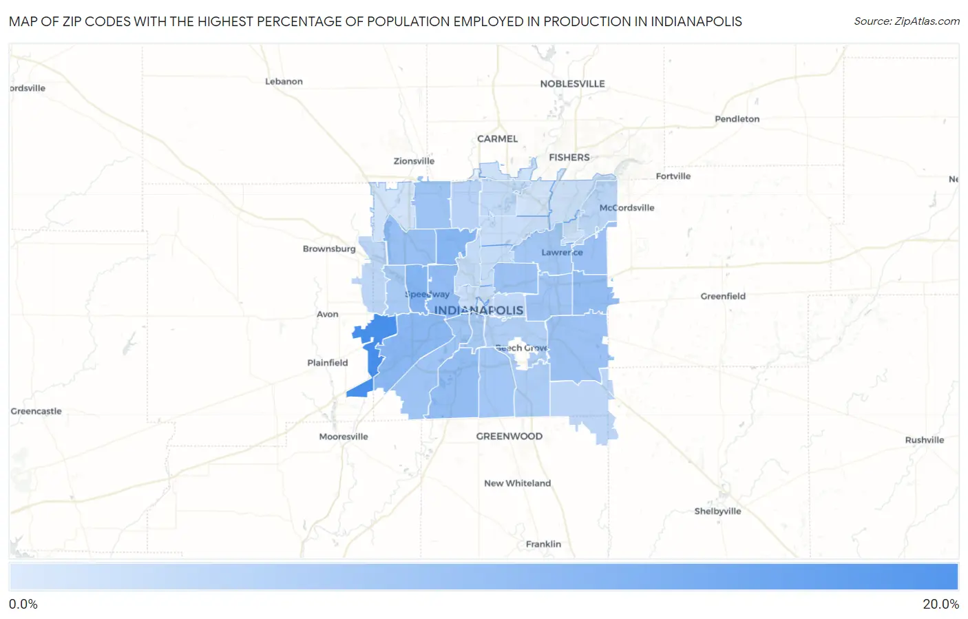 Zip Codes with the Highest Percentage of Population Employed in Production in Indianapolis Map