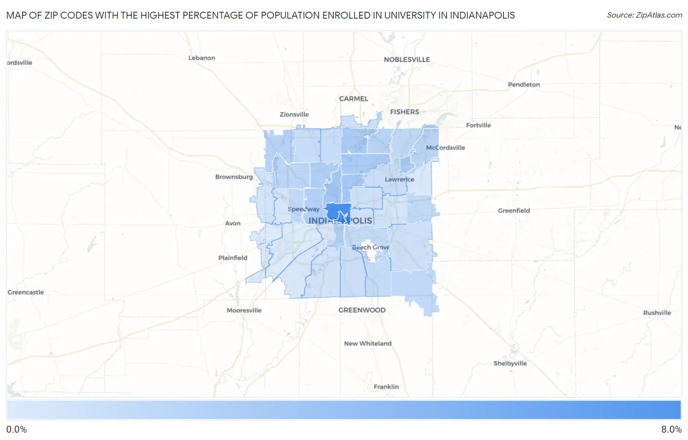 Zip Codes with the Highest Percentage of Population Enrolled in University in Indianapolis Map