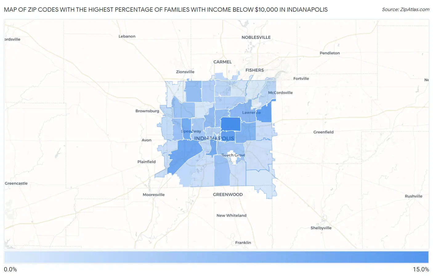 Zip Codes with the Highest Percentage of Families with Income Below $10,000 in Indianapolis Map
