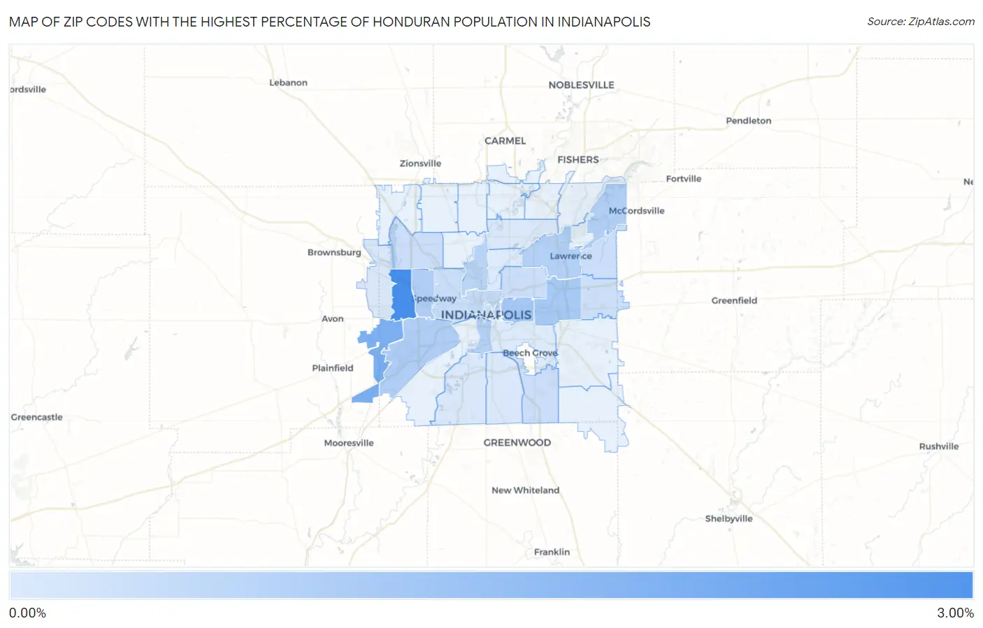 Zip Codes with the Highest Percentage of Honduran Population in Indianapolis Map