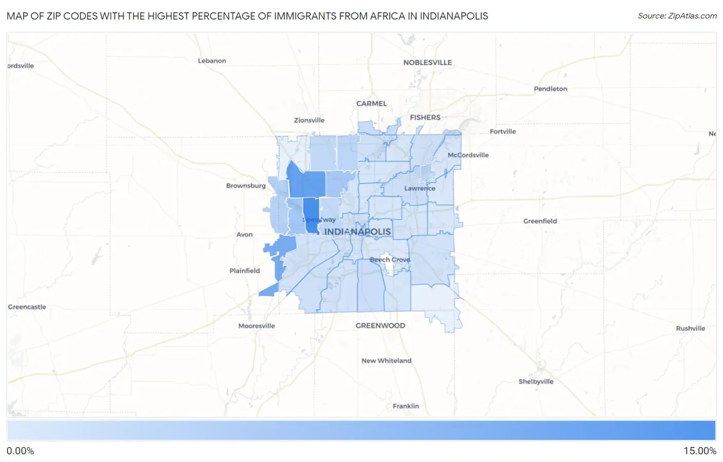 Zip Codes with the Highest Percentage of Immigrants from Africa in Indianapolis Map