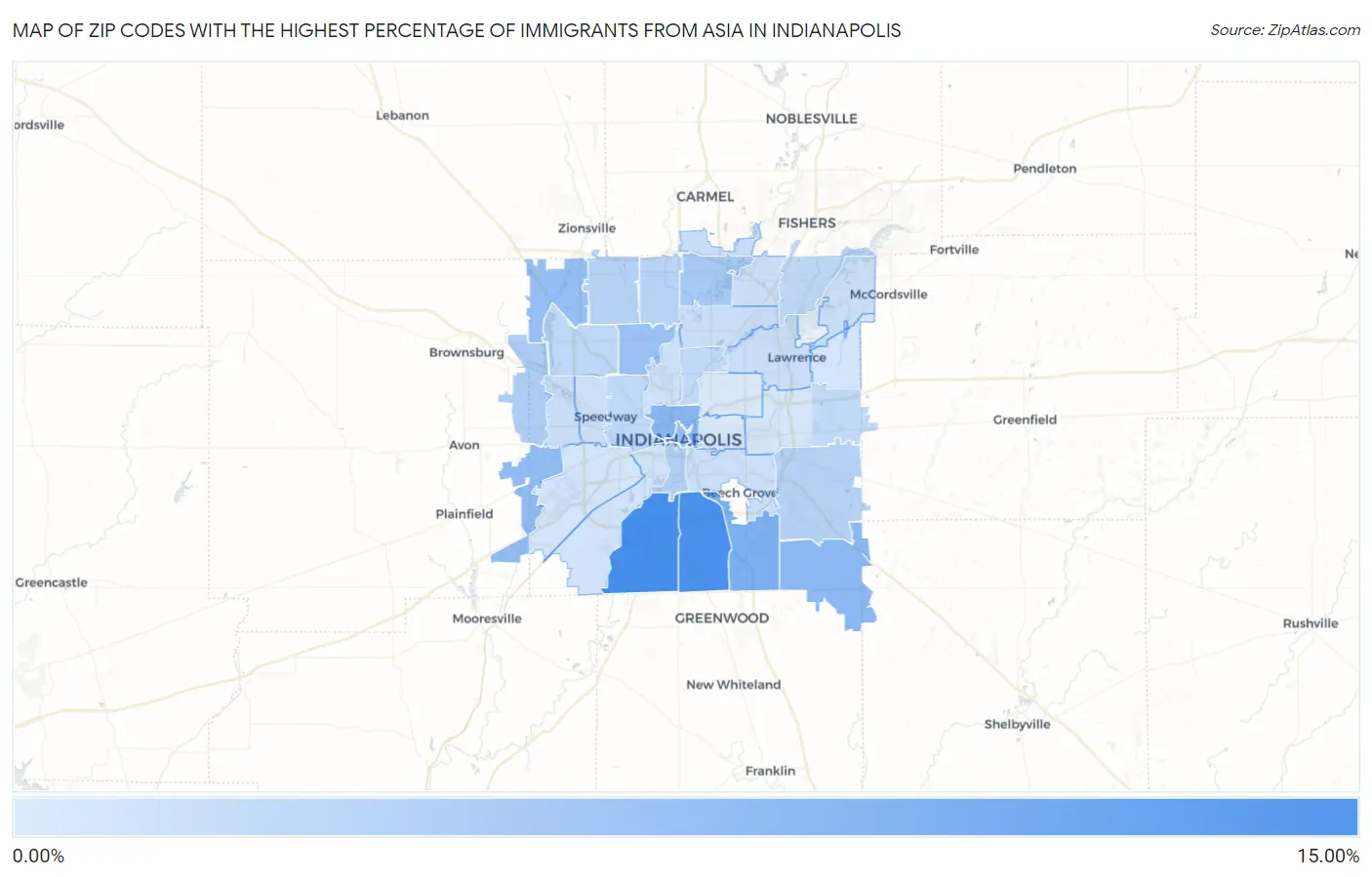 Zip Codes with the Highest Percentage of Immigrants from Asia in Indianapolis Map