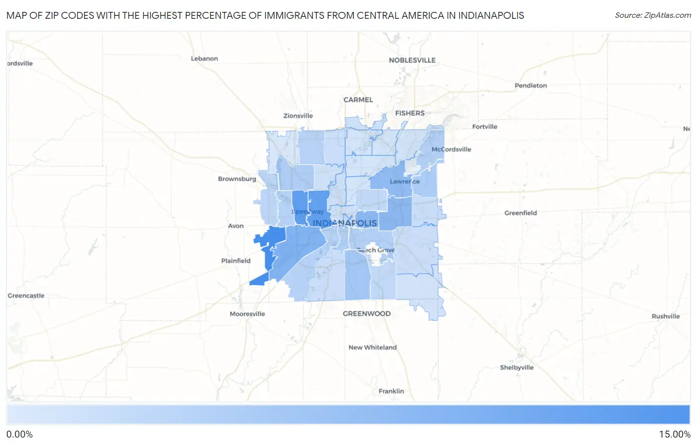 Zip Codes with the Highest Percentage of Immigrants from Central America in Indianapolis Map