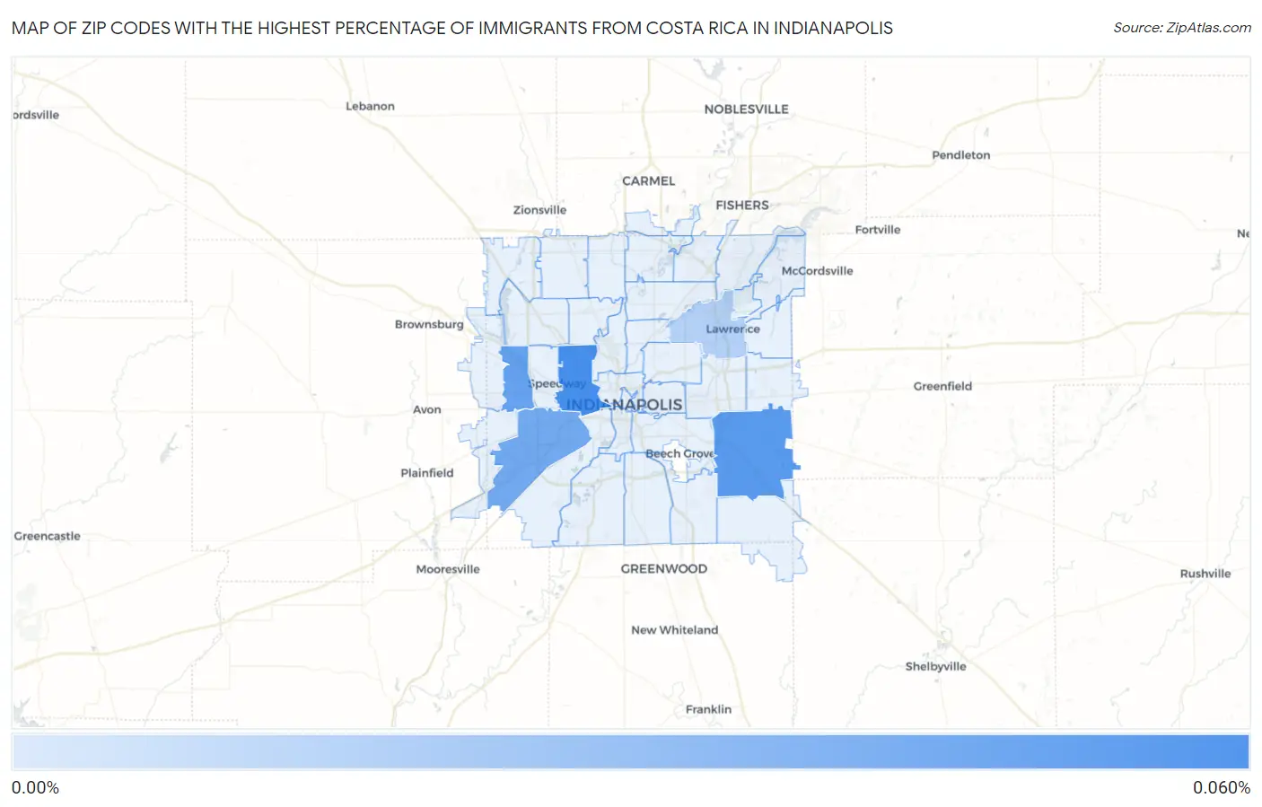 Zip Codes with the Highest Percentage of Immigrants from Costa Rica in Indianapolis Map