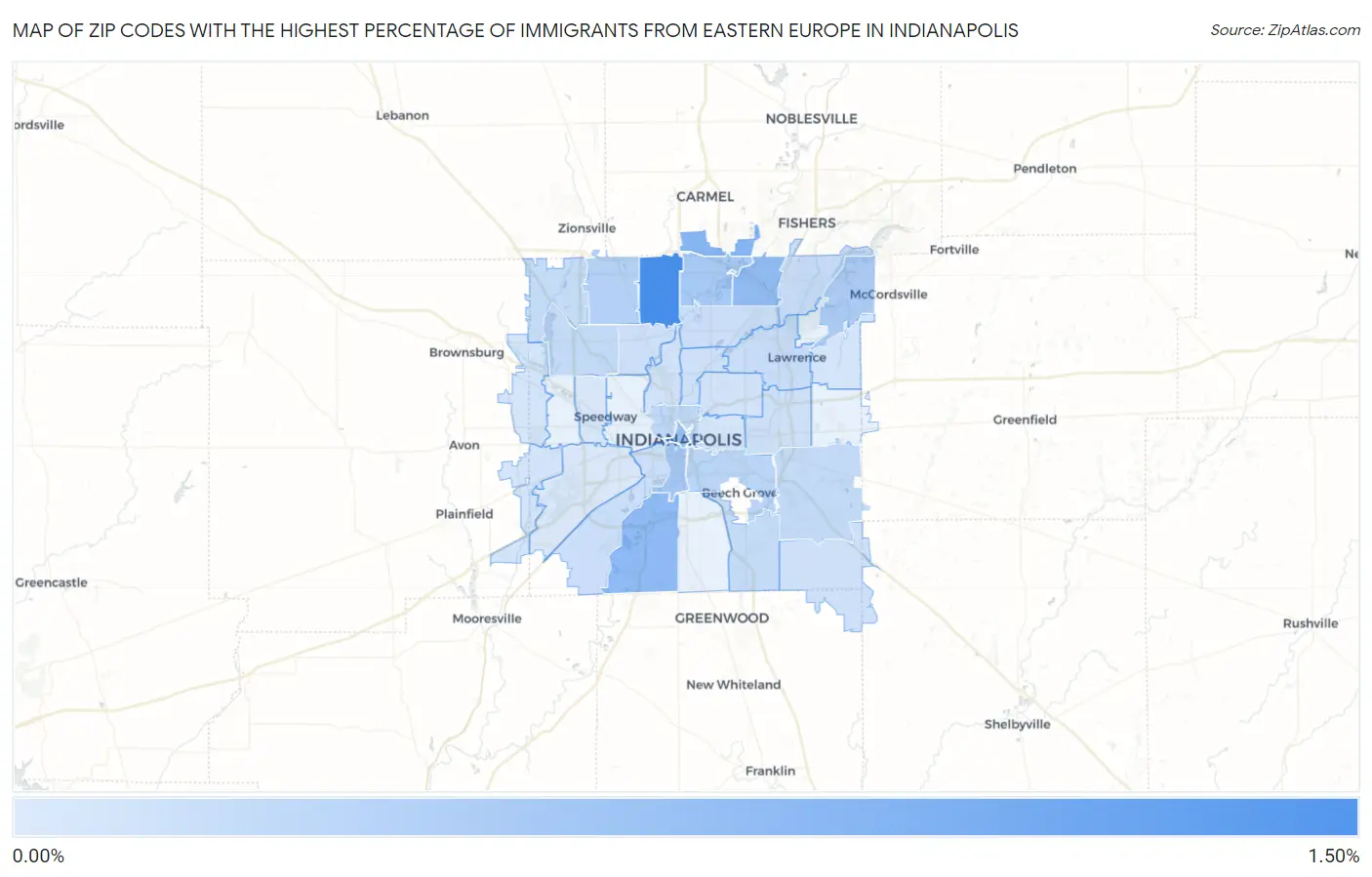 Zip Codes with the Highest Percentage of Immigrants from Eastern Europe in Indianapolis Map
