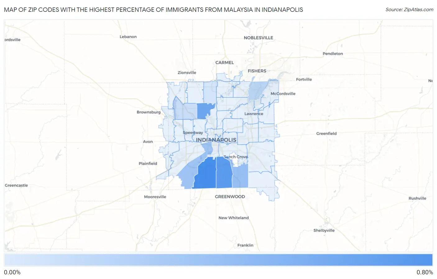 Zip Codes with the Highest Percentage of Immigrants from Malaysia in Indianapolis Map