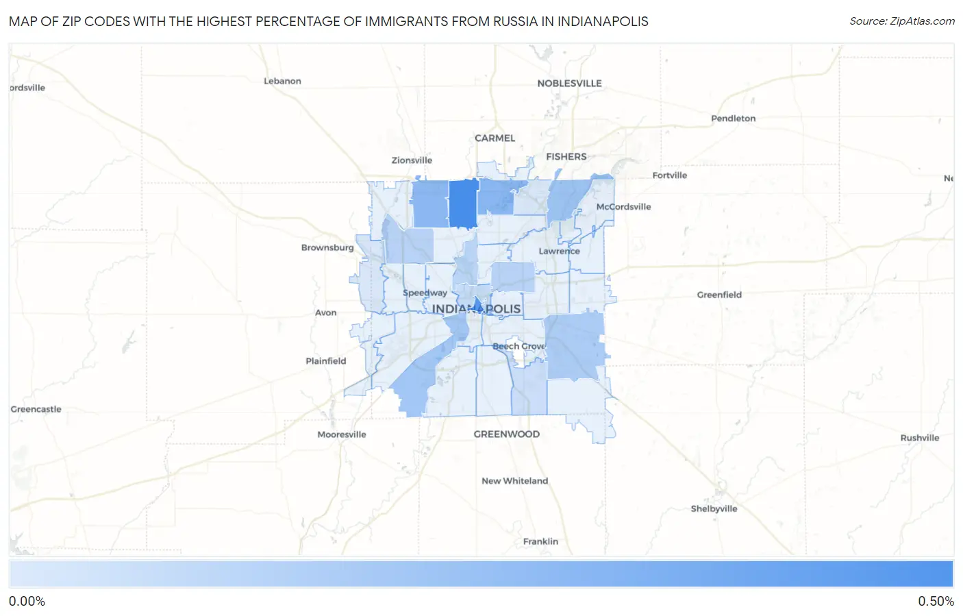 Zip Codes with the Highest Percentage of Immigrants from Russia in Indianapolis Map