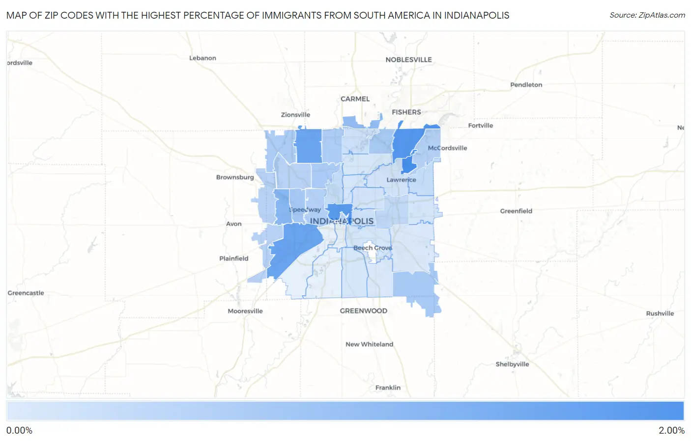 Zip Codes with the Highest Percentage of Immigrants from South America in Indianapolis Map