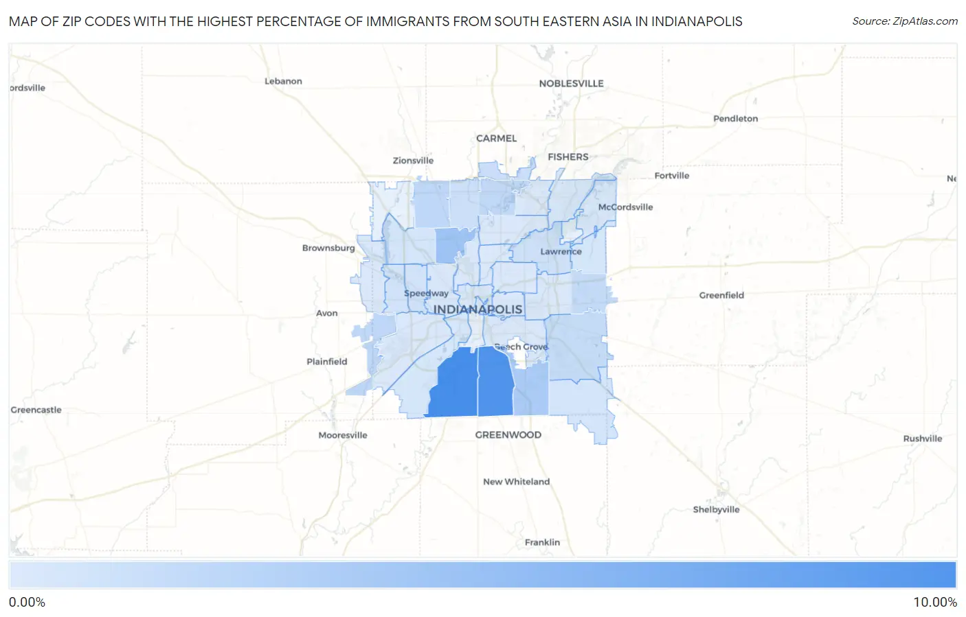 Zip Codes with the Highest Percentage of Immigrants from South Eastern Asia in Indianapolis Map