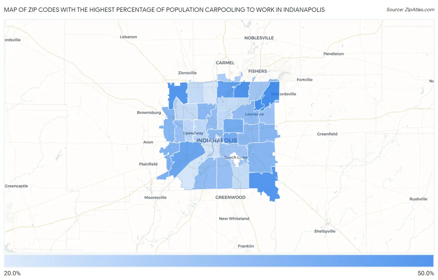 Zip Codes with the Highest Percentage of Population Carpooling to Work in Indianapolis Map