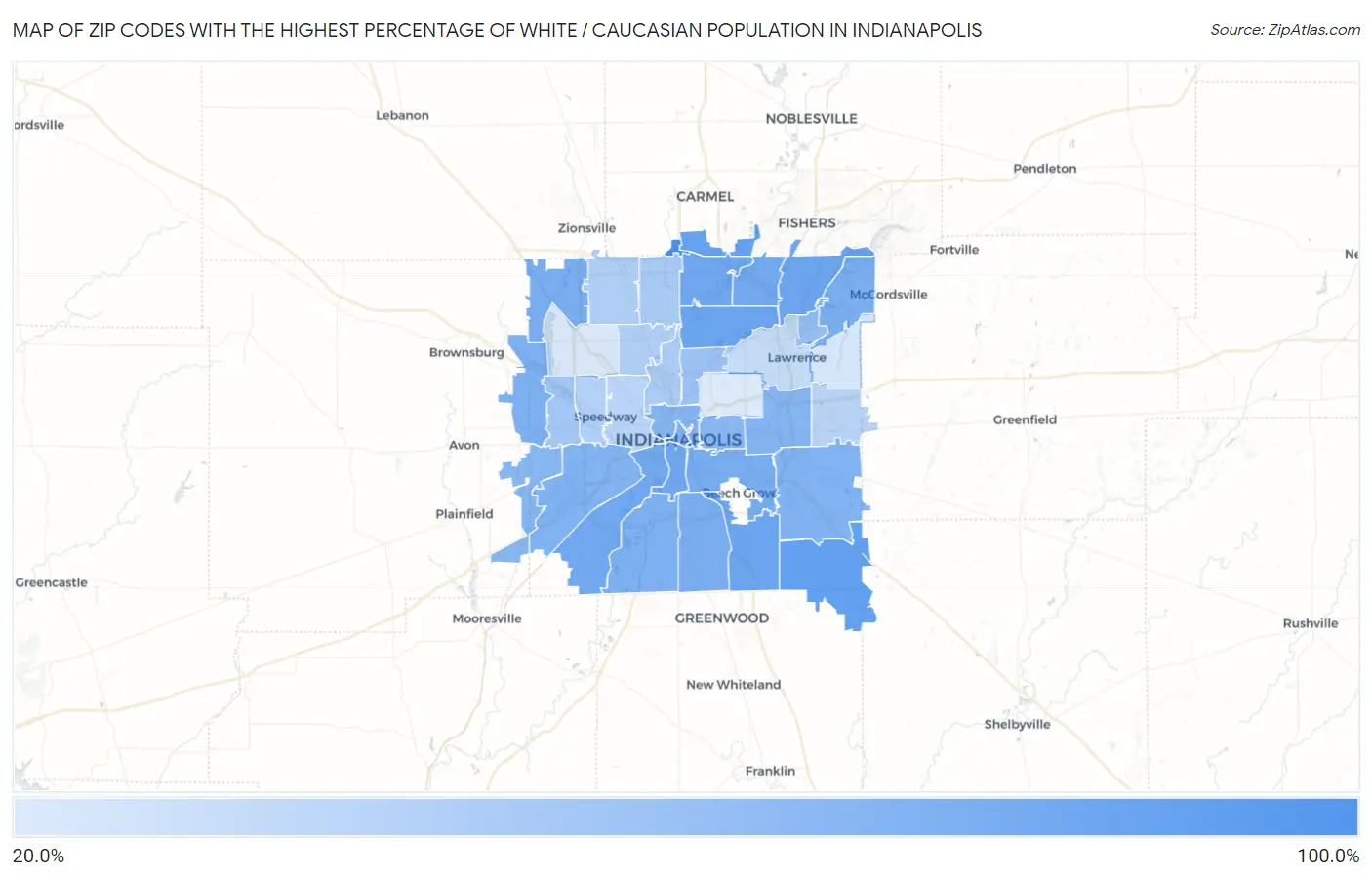 Zip Codes with the Highest Percentage of White / Caucasian Population in Indianapolis Map