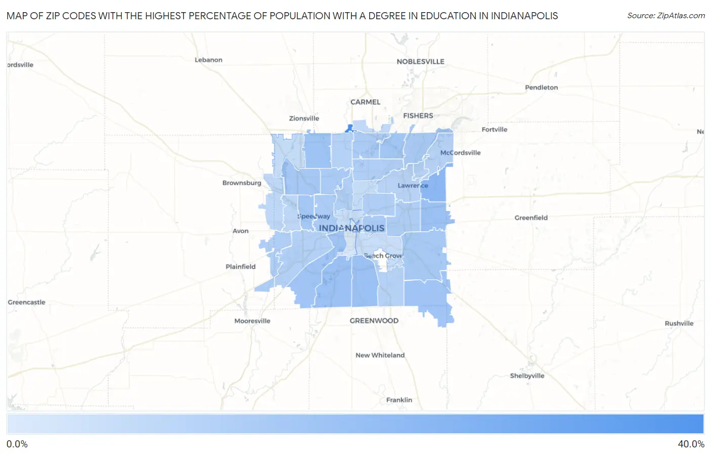 Zip Codes with the Highest Percentage of Population with a Degree in Education in Indianapolis Map