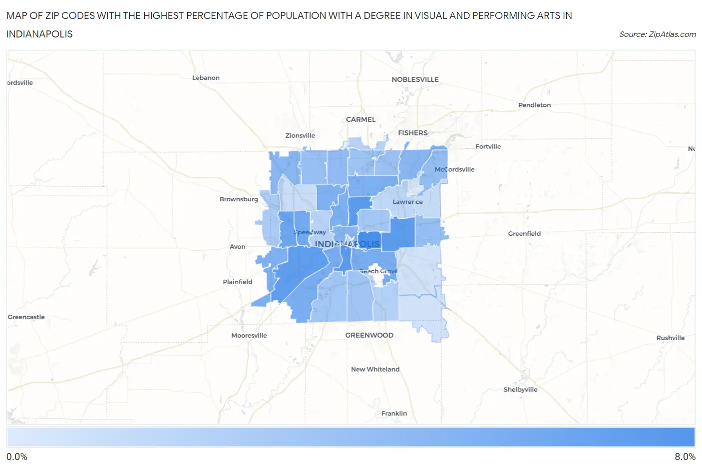 Zip Codes with the Highest Percentage of Population with a Degree in Visual and Performing Arts in Indianapolis Map