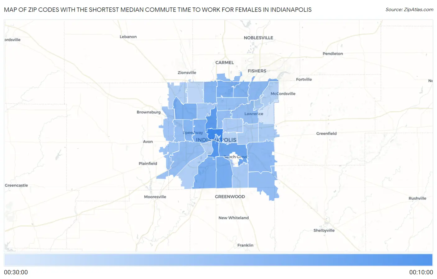 Zip Codes with the Shortest Median Commute Time to Work for Females in Indianapolis Map