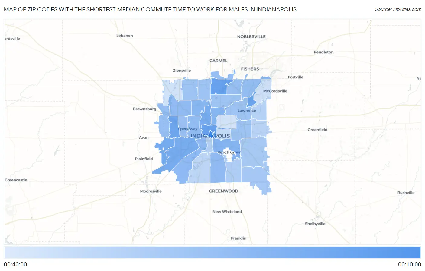 Zip Codes with the Shortest Median Commute Time to Work for Males in Indianapolis Map