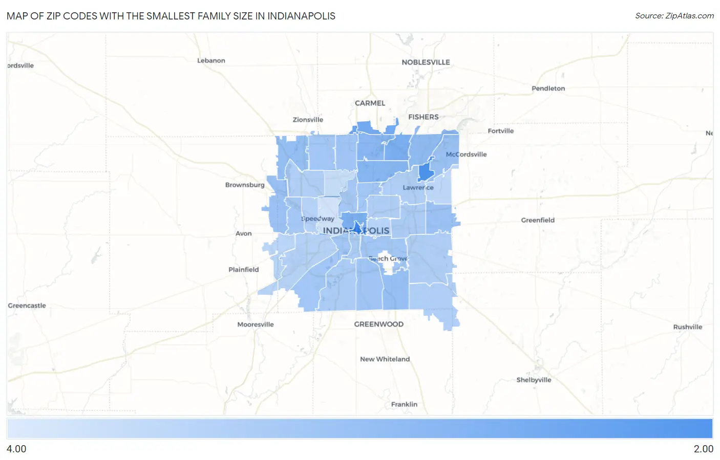 Zip Codes with the Smallest Family Size in Indianapolis Map