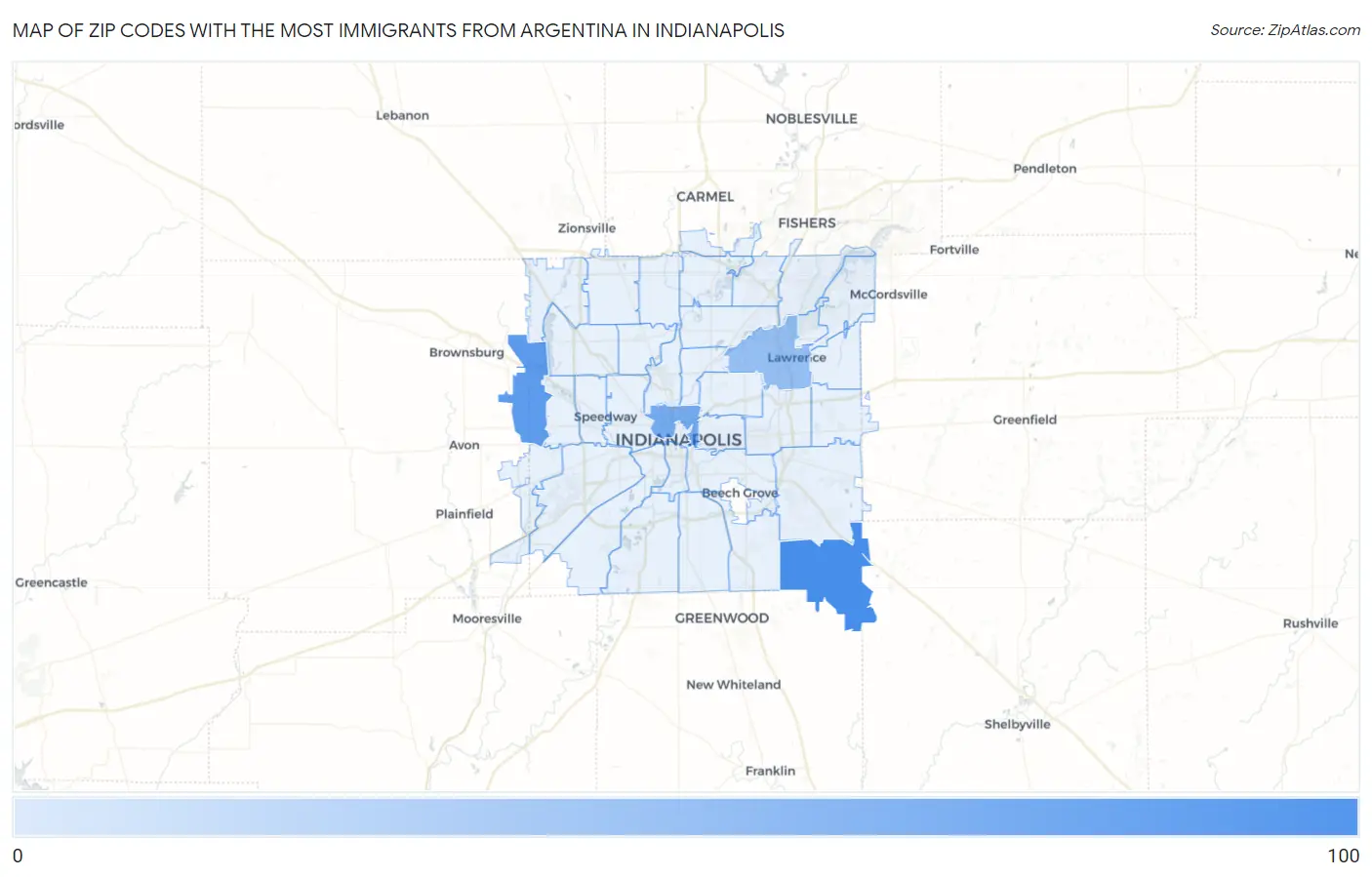 Zip Codes with the Most Immigrants from Argentina in Indianapolis Map