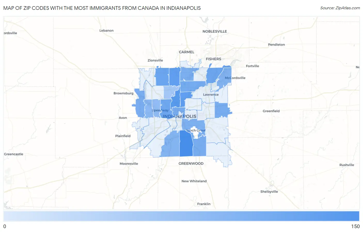 Zip Codes with the Most Immigrants from Canada in Indianapolis Map