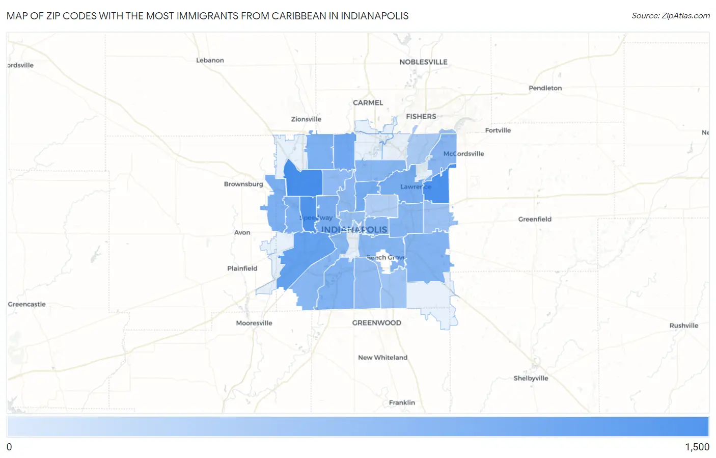 Zip Codes with the Most Immigrants from Caribbean in Indianapolis Map