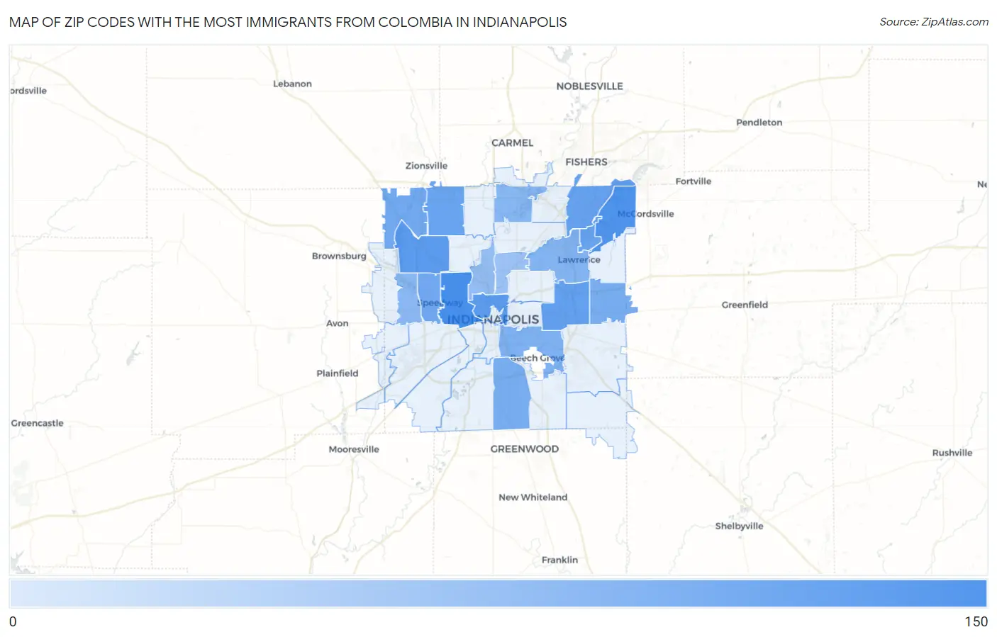 Zip Codes with the Most Immigrants from Colombia in Indianapolis Map
