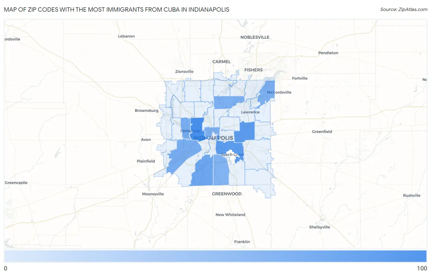 Zip Codes with the Most Immigrants from Cuba in Indianapolis Map