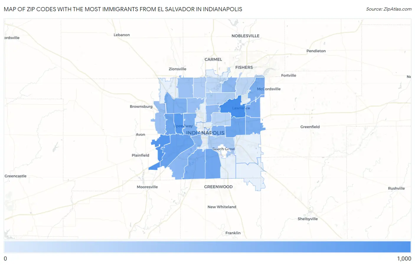Zip Codes with the Most Immigrants from El Salvador in Indianapolis Map