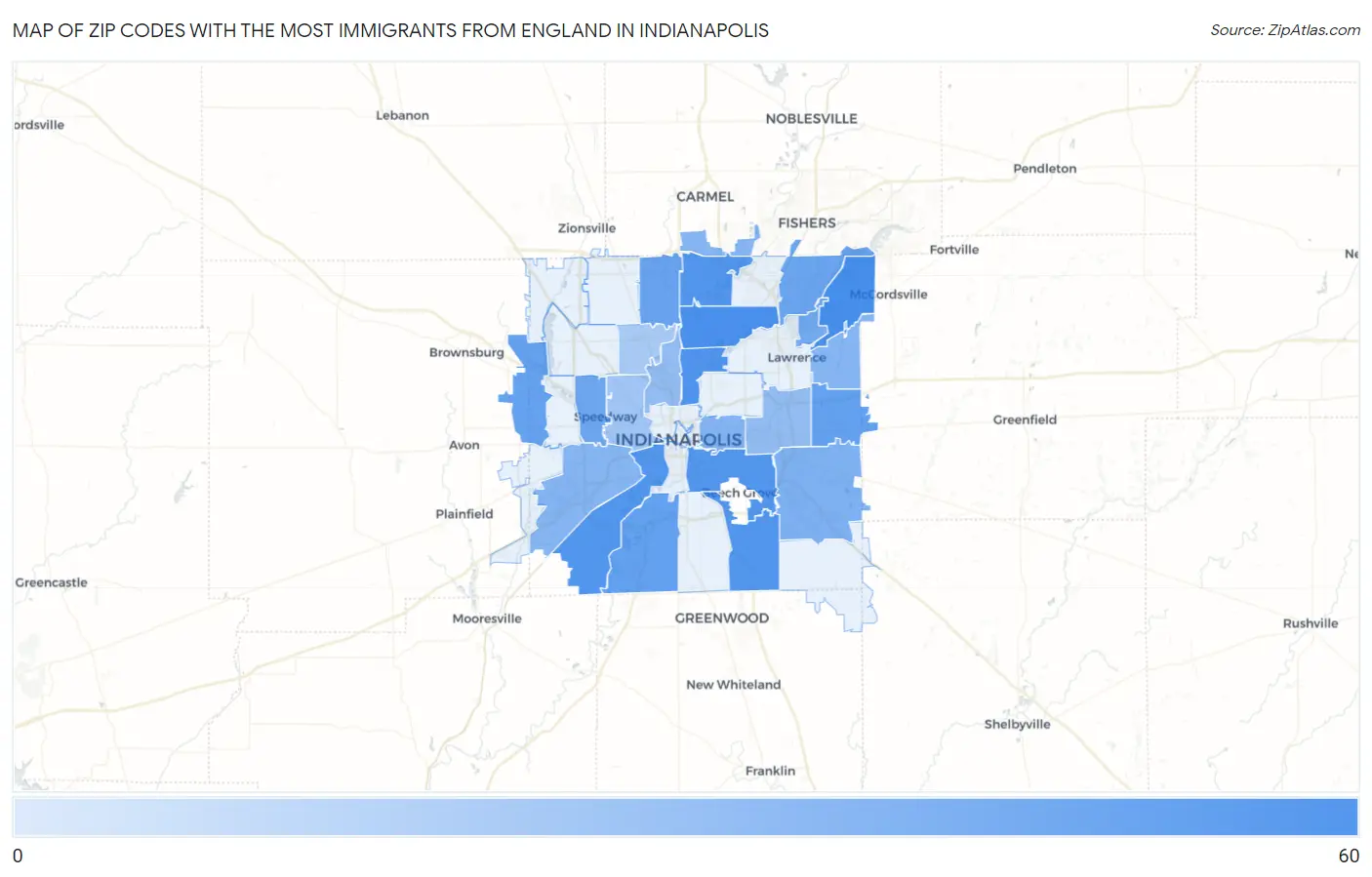 Zip Codes with the Most Immigrants from England in Indianapolis Map