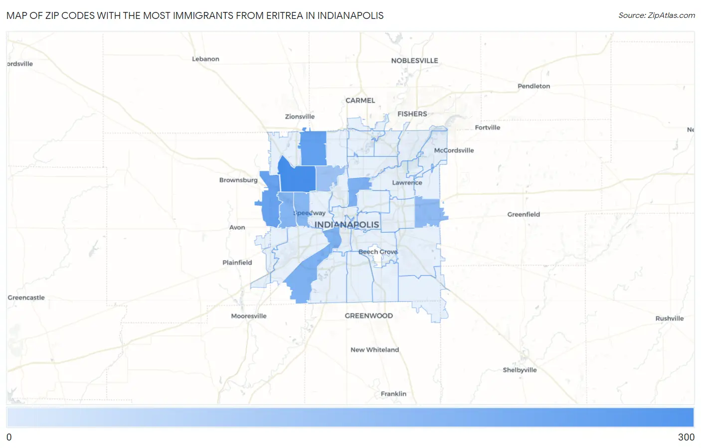 Zip Codes with the Most Immigrants from Eritrea in Indianapolis Map