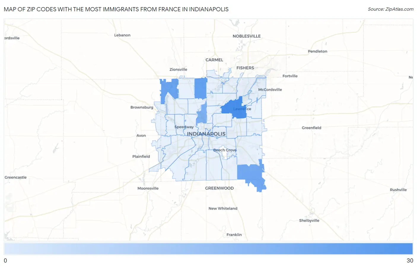 Zip Codes with the Most Immigrants from France in Indianapolis Map