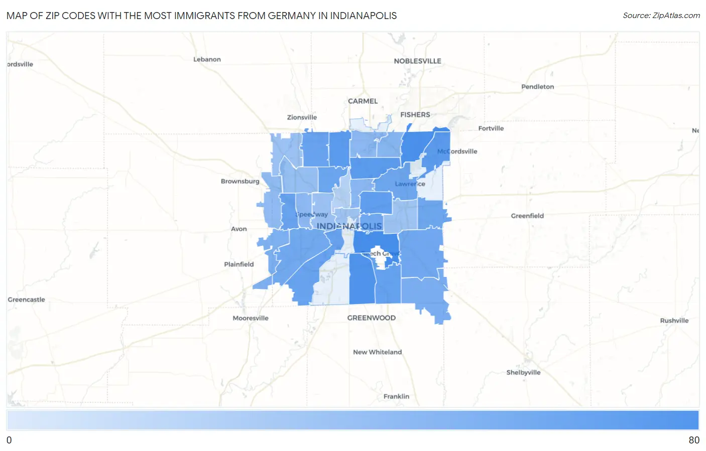 Zip Codes with the Most Immigrants from Germany in Indianapolis Map