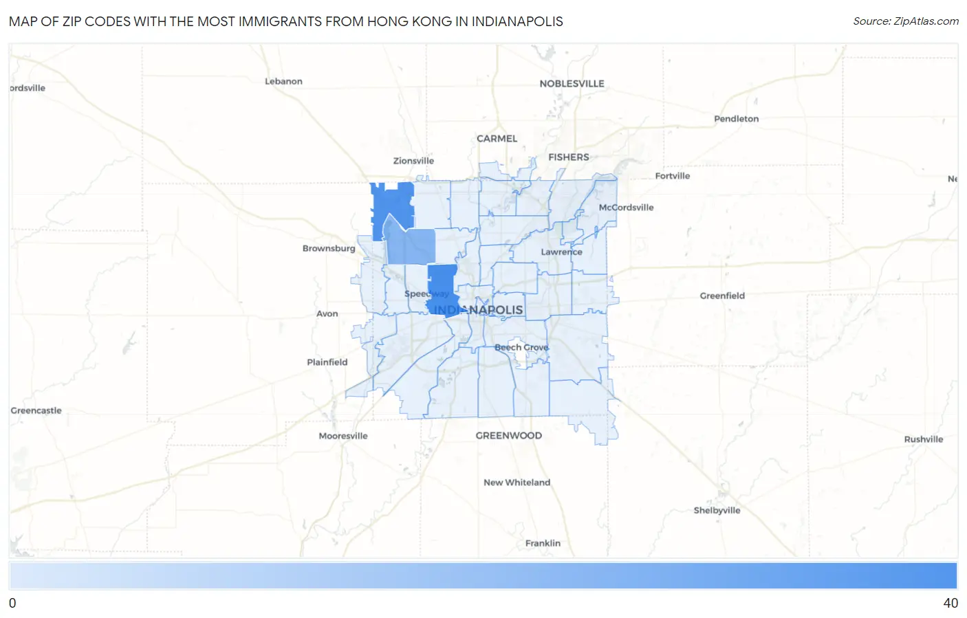 Zip Codes with the Most Immigrants from Hong Kong in Indianapolis Map