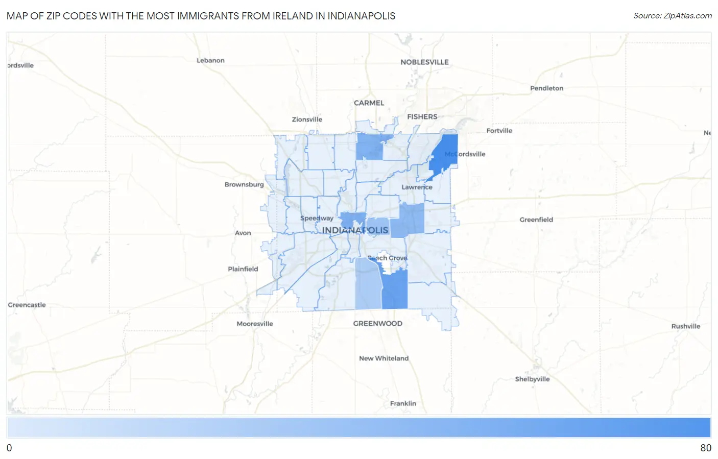 Zip Codes with the Most Immigrants from Ireland in Indianapolis Map
