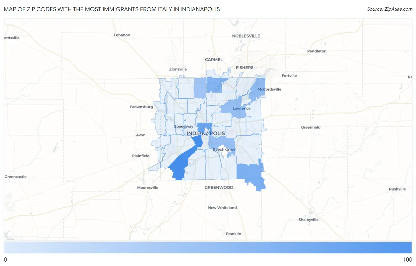 Zip Codes with the Most Immigrants from Italy in Indianapolis Map