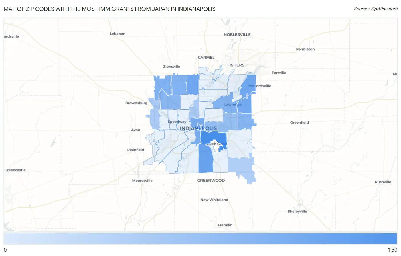 Zip Codes with the Most Immigrants from Japan in Indianapolis Map
