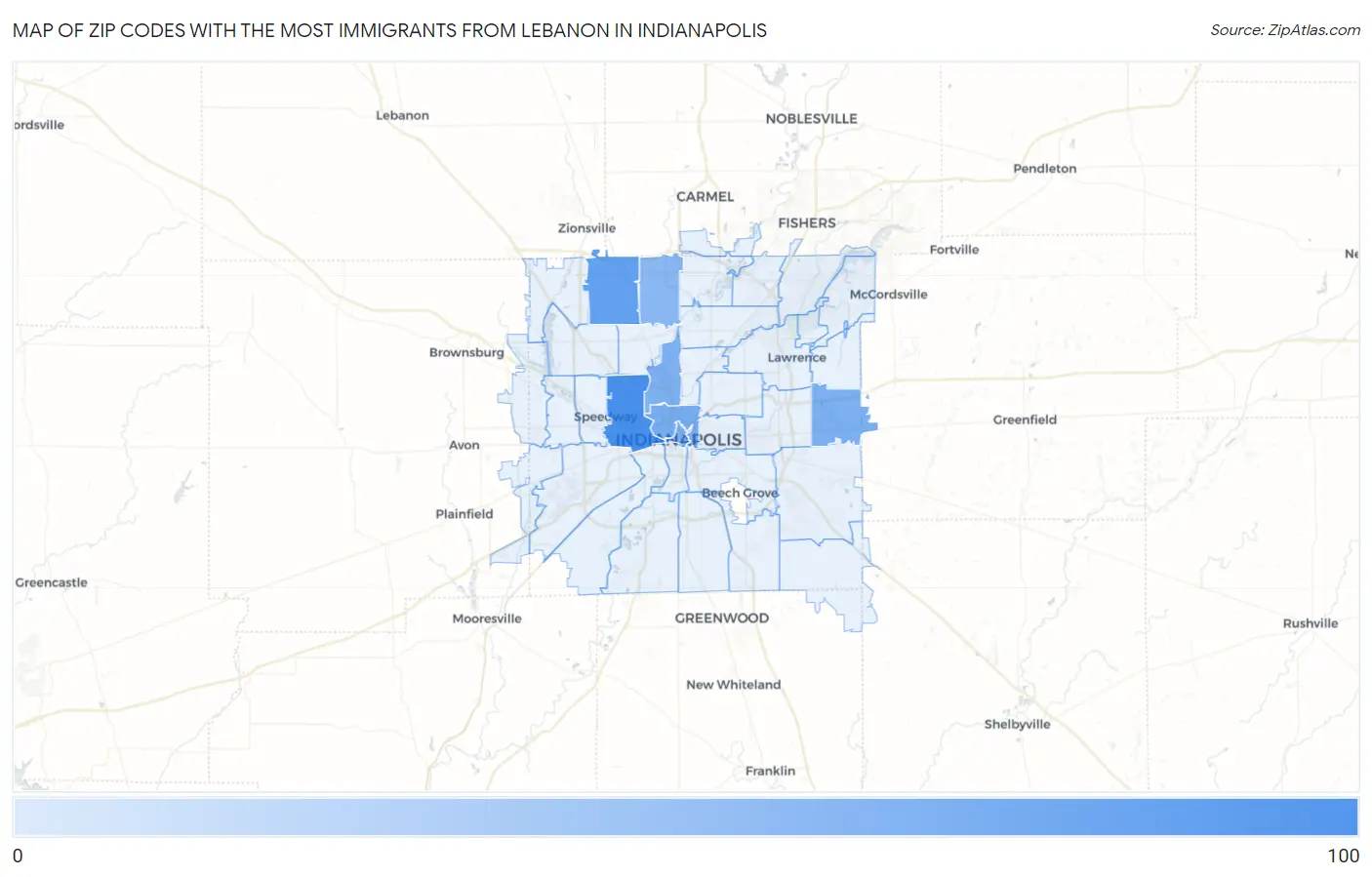 Zip Codes with the Most Immigrants from Lebanon in Indianapolis Map