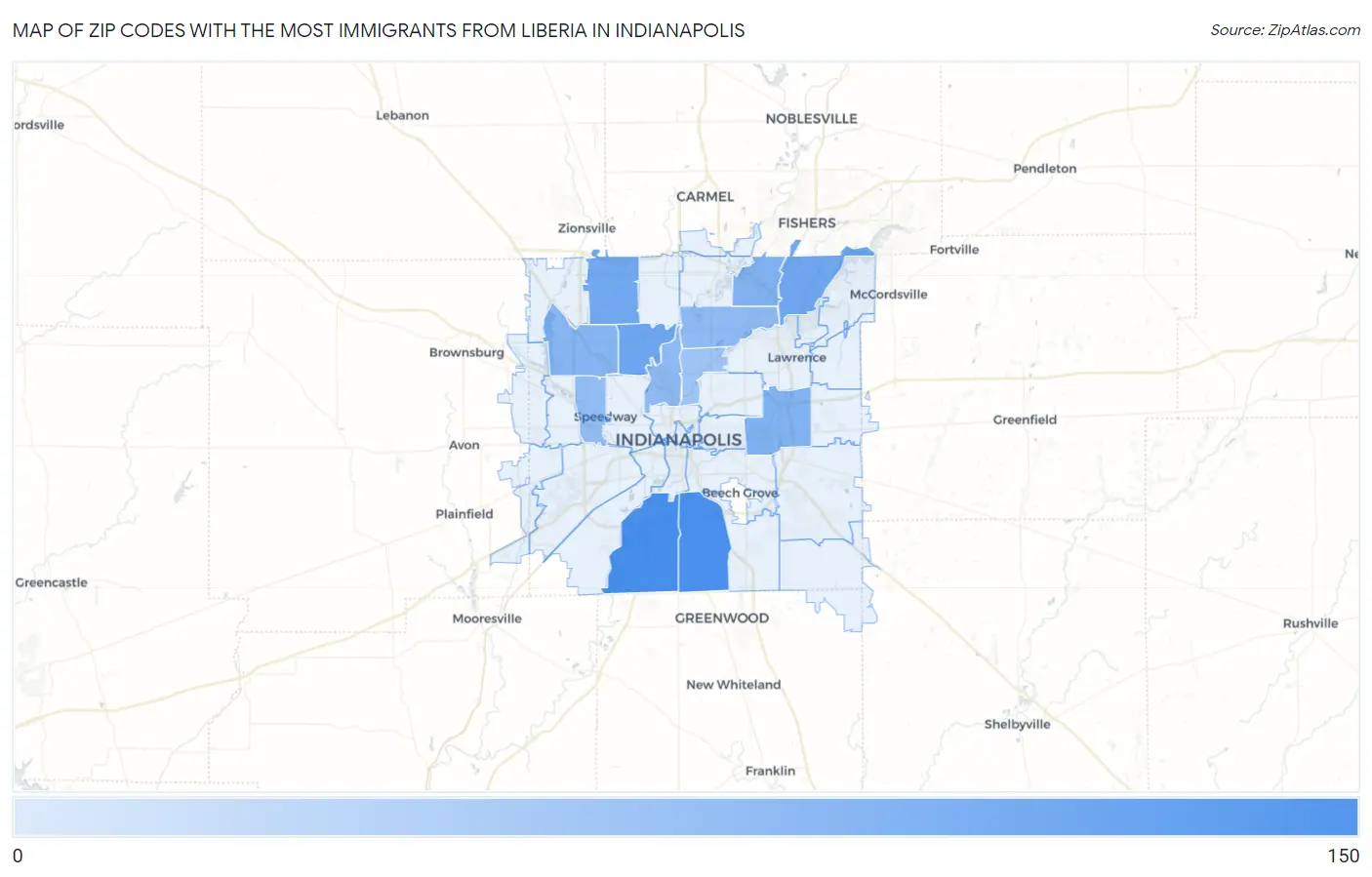 Zip Codes with the Most Immigrants from Liberia in Indianapolis Map