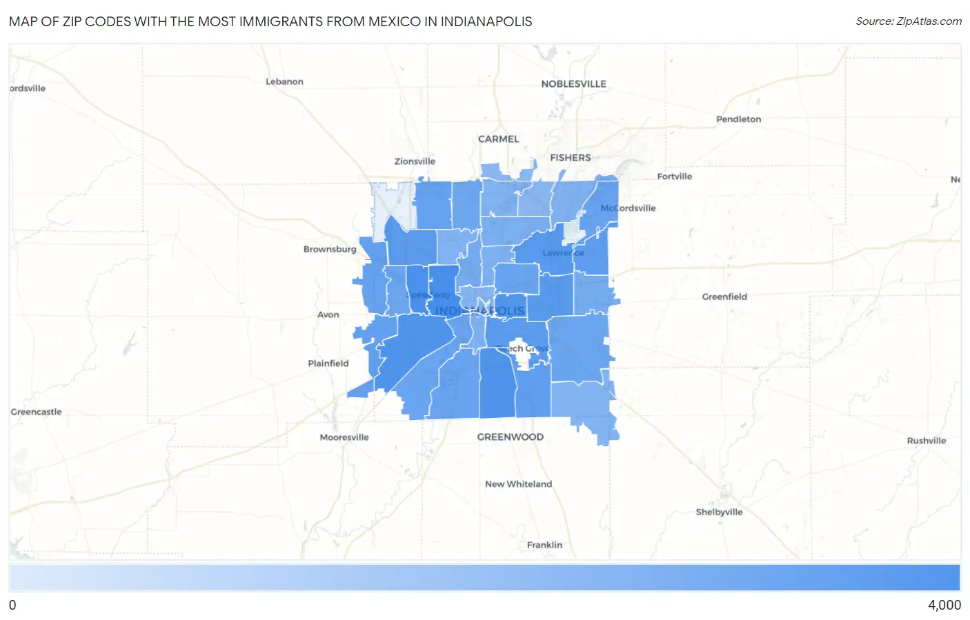 Zip Codes with the Most Immigrants from Mexico in Indianapolis Map