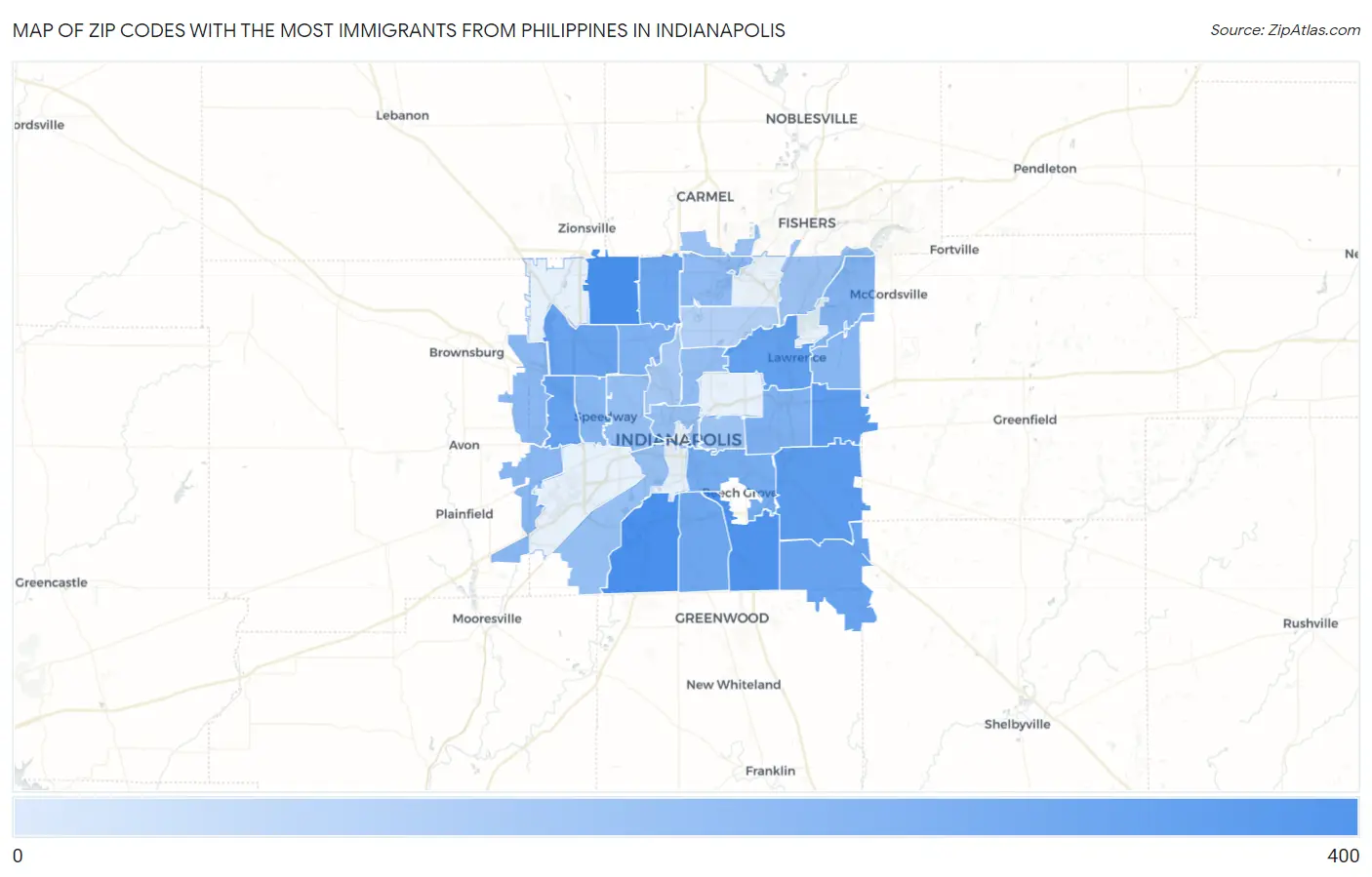 Zip Codes with the Most Immigrants from Philippines in Indianapolis Map