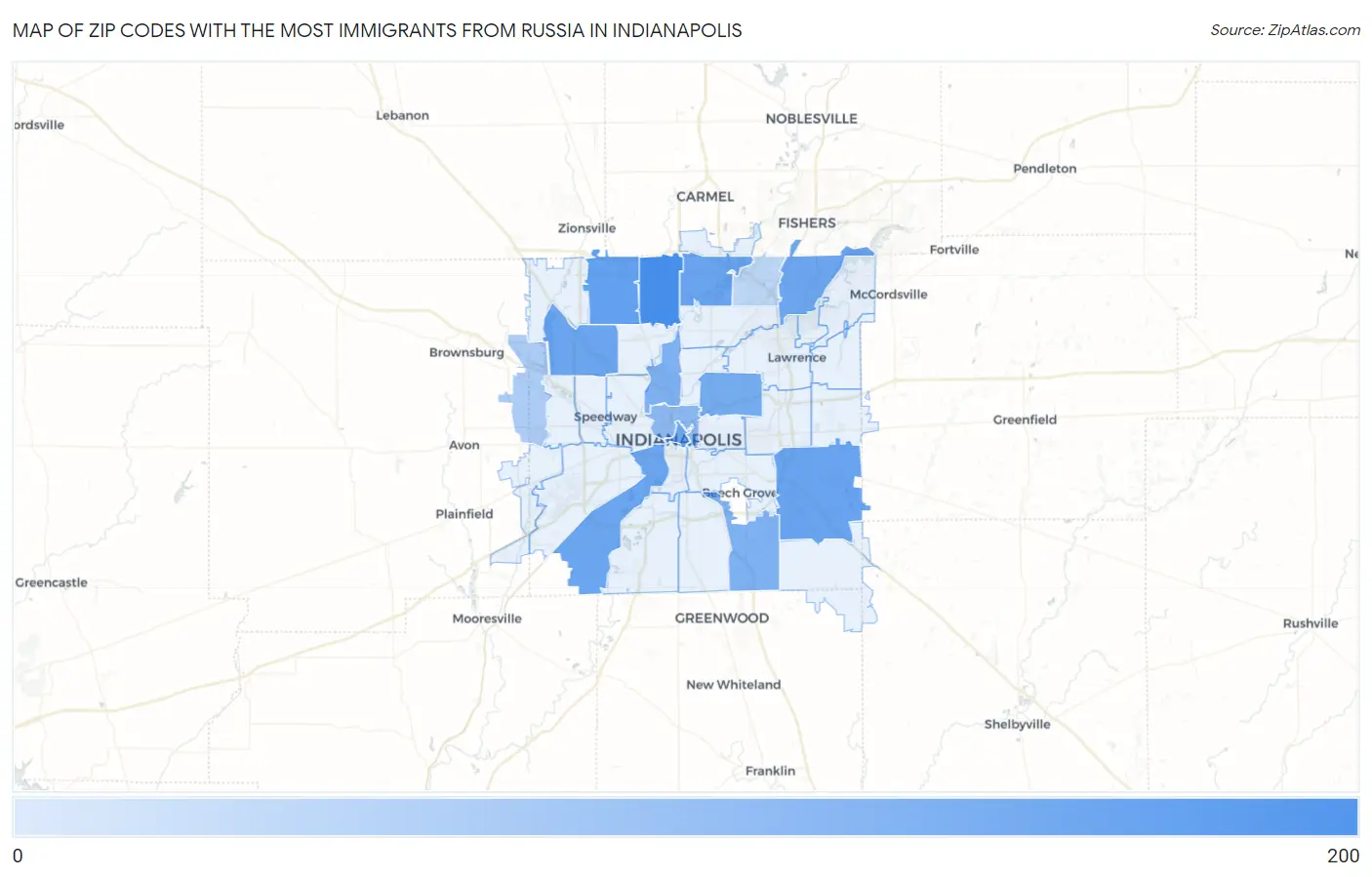 Zip Codes with the Most Immigrants from Russia in Indianapolis Map