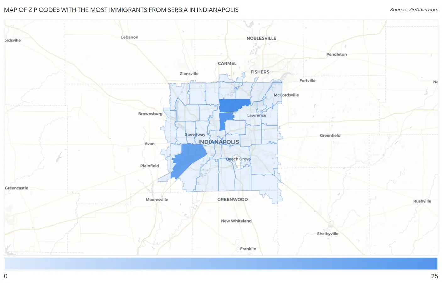 Zip Codes with the Most Immigrants from Serbia in Indianapolis Map